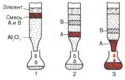 Абсорбционнаяхроматография (схема). Разделение двух разных веществ (А и В), перемещающихся по колонке с разной скоростью.